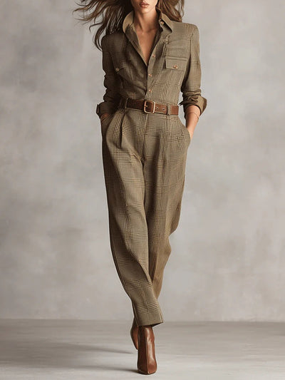 Brown Sophisticated Tweed Texture Plaid Utility Jumpsuit