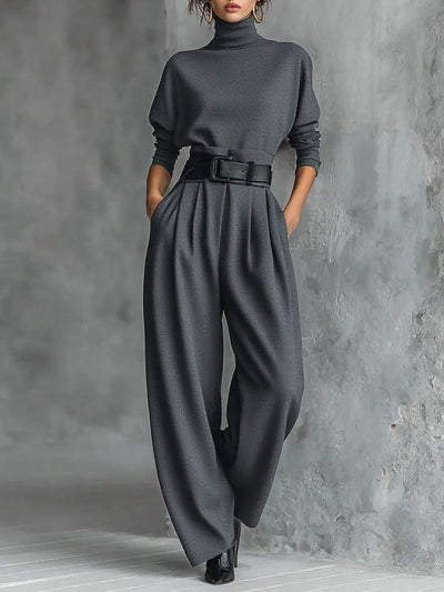 All-black Turtleneck Long-sleeved T-shirt And Straight-leg Pants Two-piece Set (including Belt)