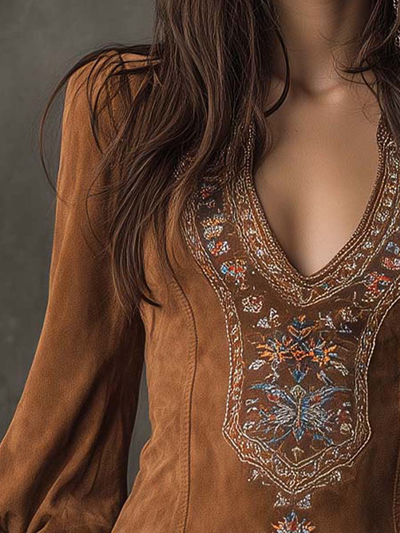 Vintage Brown V-Neck Suede Embroidered Mini Dress