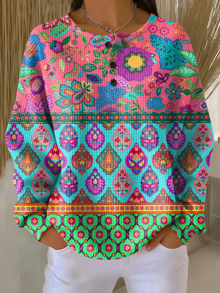 Ella | Sweater with Ethnic Floral Stripes