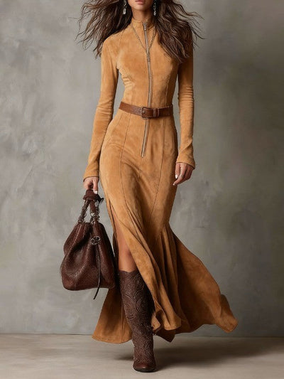 Vintage Brown Zipper Belted Maxi Dress（Includes belt）